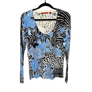 Red Brand Blouse - Blue and Black Animal Print Long Sleeve - L